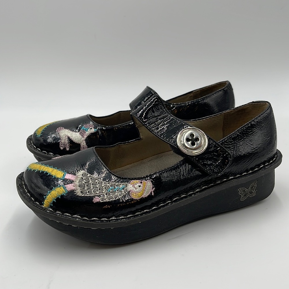 Alegria Mary Jane PAL-811 Black Leather Embroidered Design Shoes